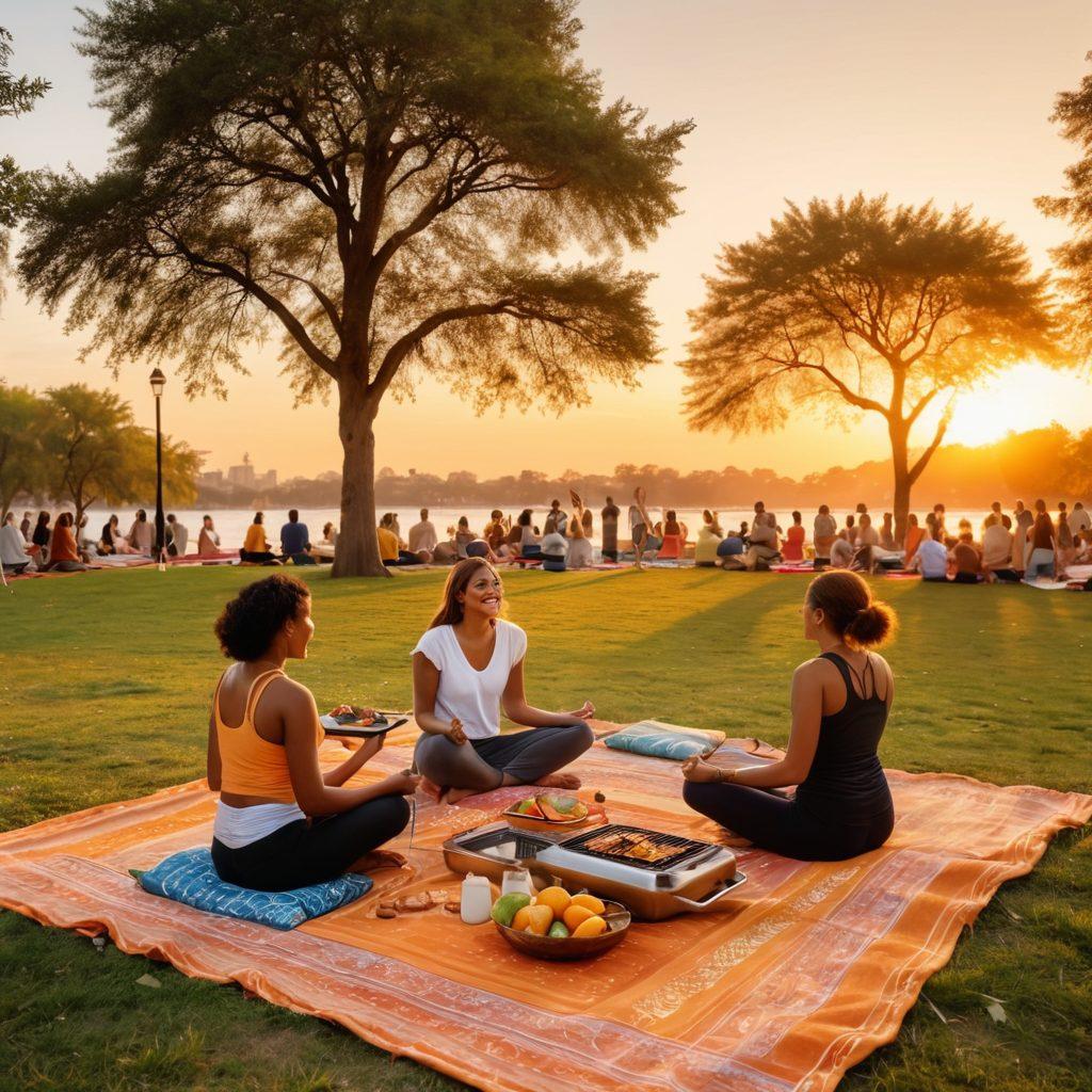 A vibrant scene showcasing diverse individuals engaging in various lifestyle activities such as cooking, exercising, and socializing in a lively park. The backdrop features a sunset casting warm hues, symbolizing community and connection. Add elements that represent digital interaction, such as smartphones and social media icons subtly blended into the design. Emphasize warmth, inclusivity, and creativity. super-realistic. vibrant colors.
