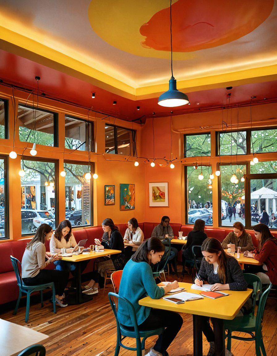 A vibrant, imaginative scene depicting a diverse group of people engrossed in creative activities like writing, painting, and storytelling in a cozy café setting. They are surrounded by colorful notebooks, art supplies, and warm lighting, symbolizing a thriving community. A whimsical backdrop of swirling colors and abstract shapes reflects the essence of creativity and engagement. super-realistic. vivid colors. cozy atmosphere.